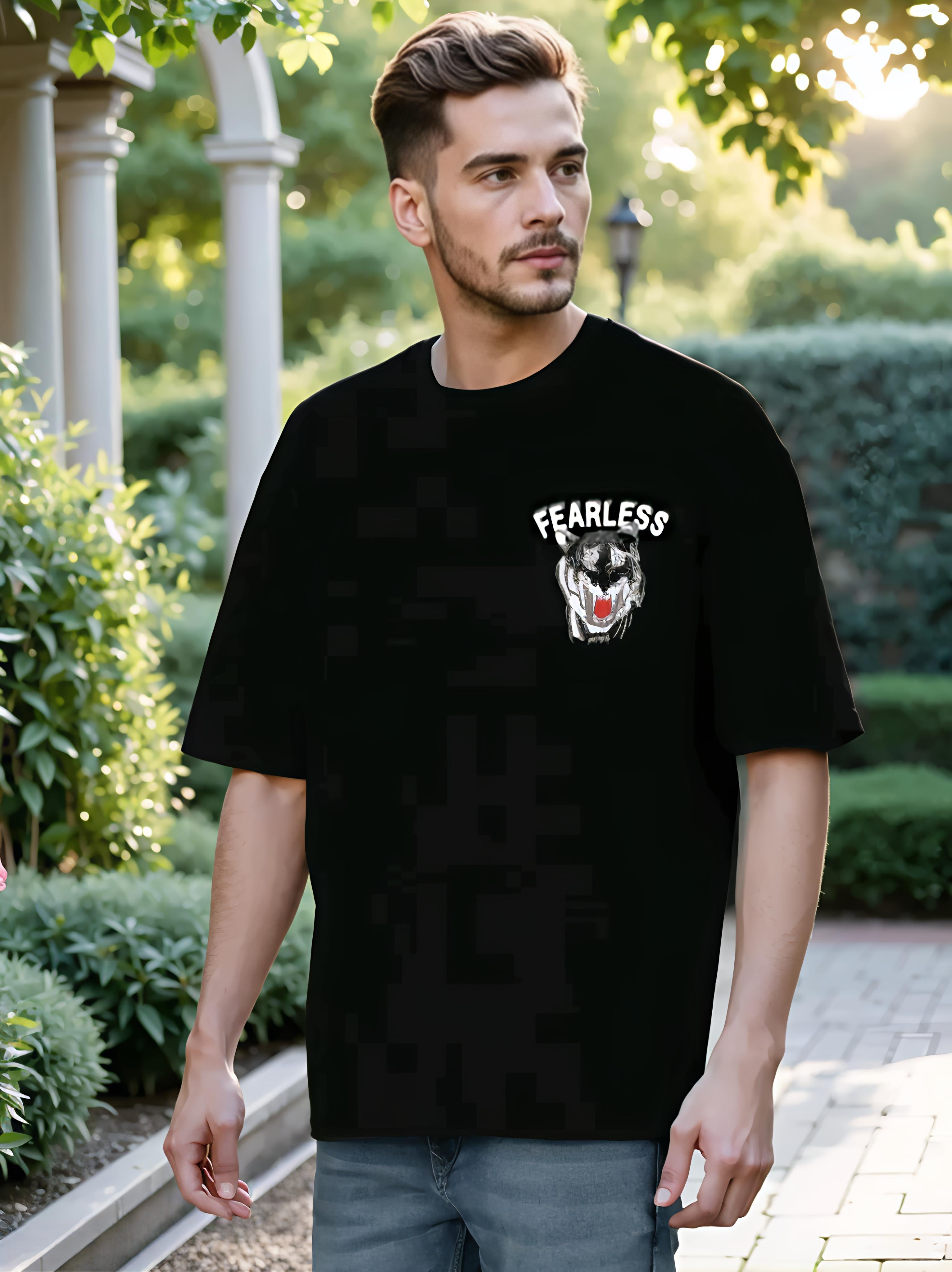 Fearless Black Printed Oversized T-Shirt for Men