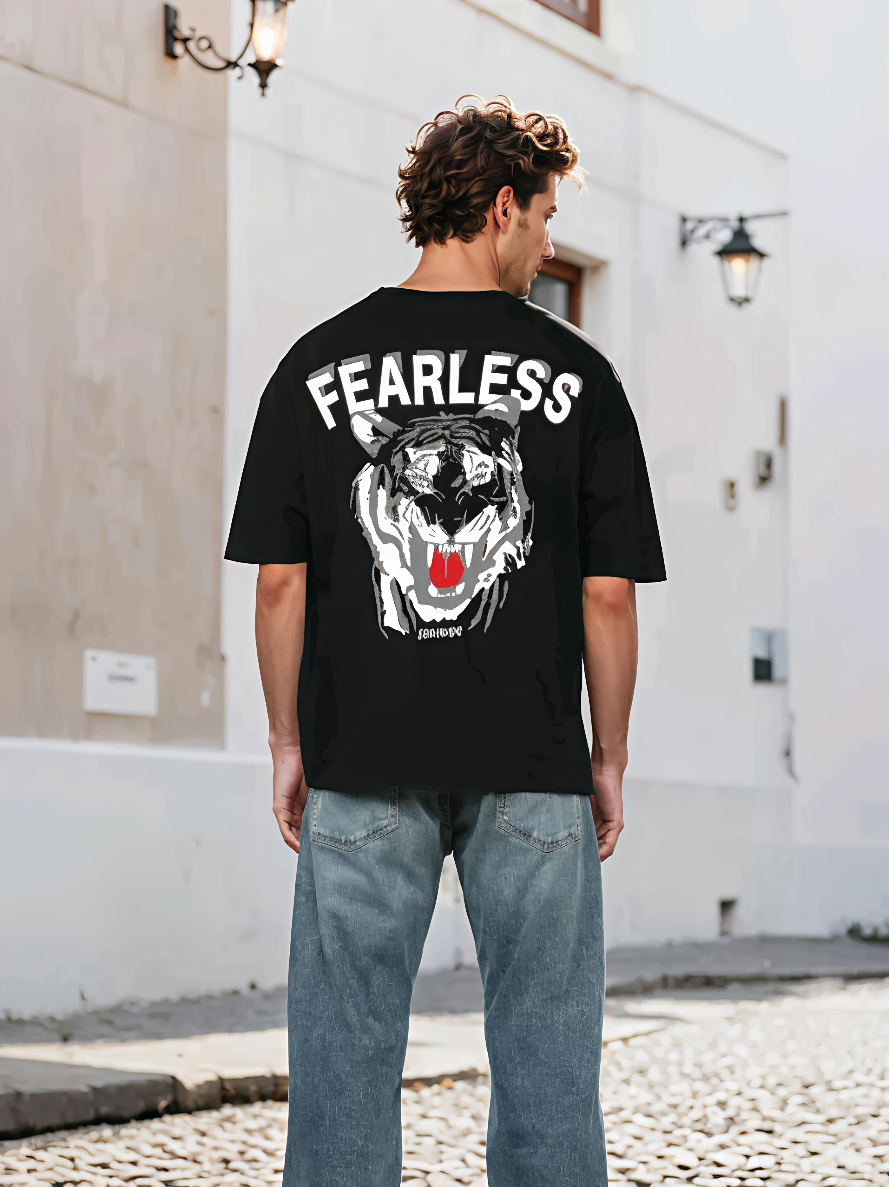 Fearless Black Printed Oversized T-Shirt for Men