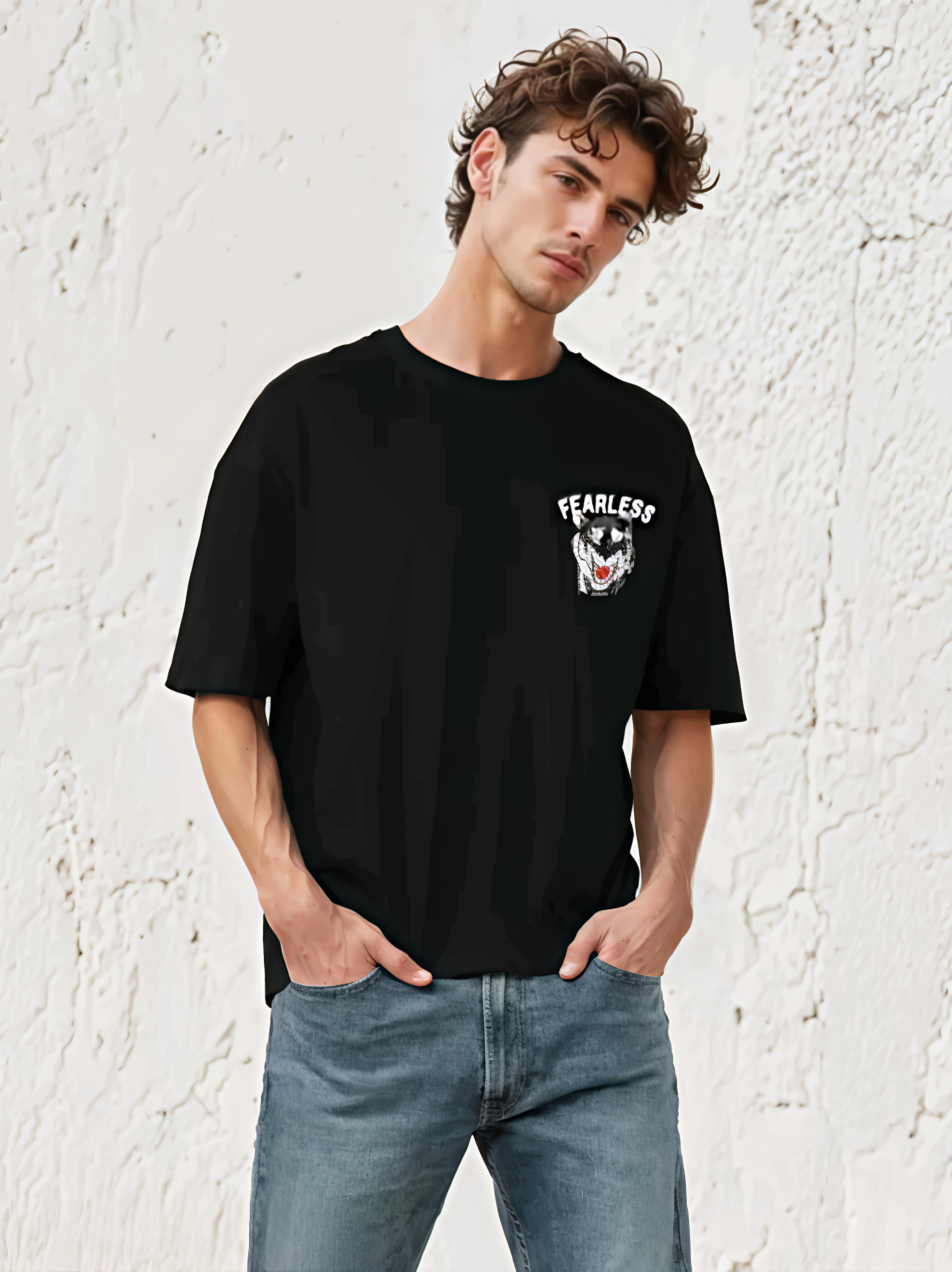 Fearless Black Printed Oversized T-Shirt for Men